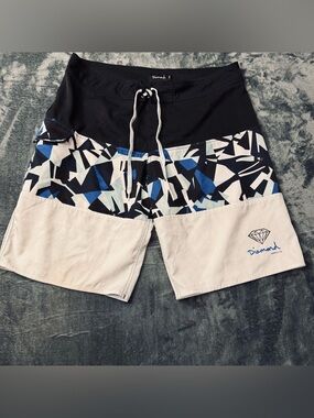 Diamond Supply Co. Black, Blue & Cream Geometric Board Shorts